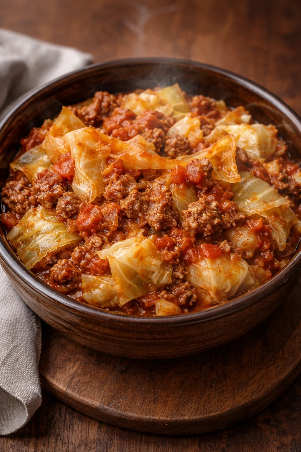 Slow cooker unstuffed cabbage rolls served in a bowl with herbs on top