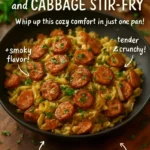 Smoked sausage and cabbage stir-fry served in a colorful bowl
