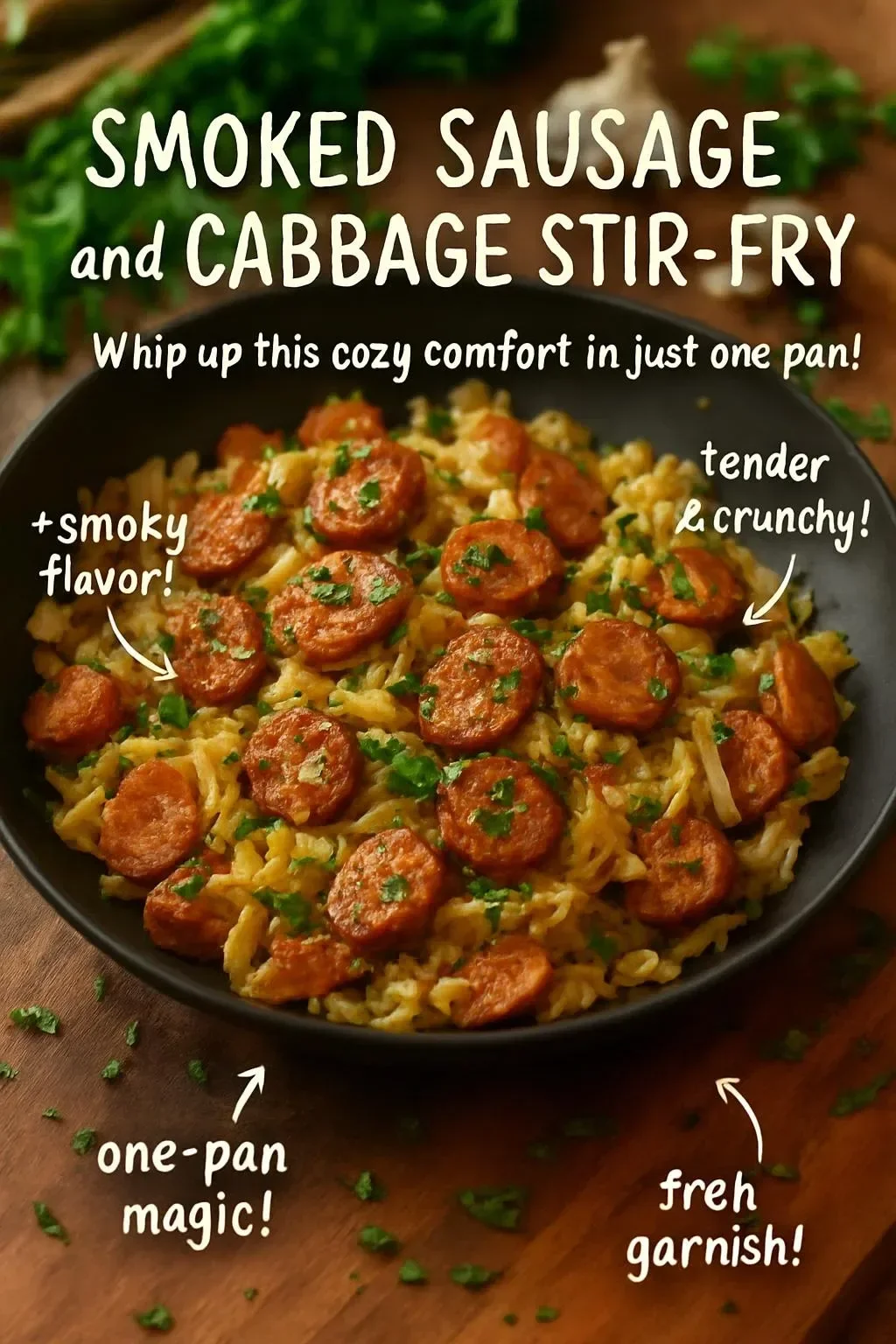 Smoked sausage and cabbage stir-fry served in a colorful bowl