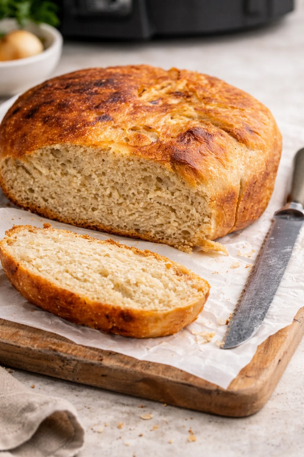 Homemade sourdough bread made in a crockpot, freshly baked and golden brown