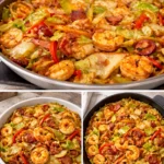 Delicious Southern Fried Cabbage with Shrimp served in a skillet.