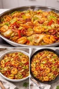 Delicious Southern Fried Cabbage with Shrimp served in a skillet.