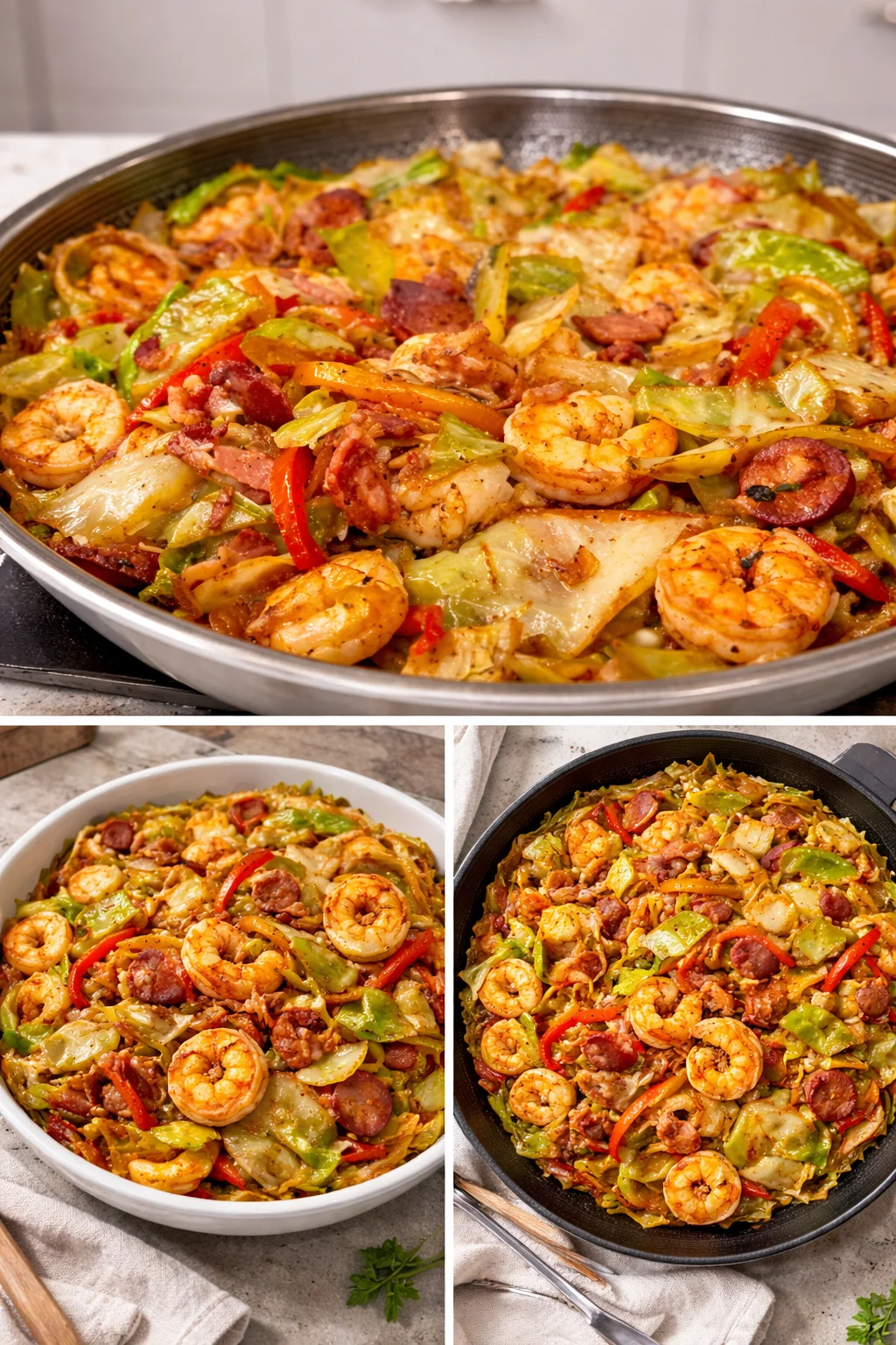 Delicious Southern Fried Cabbage with Shrimp served in a skillet.
