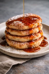 Delicious churro-inspired pancakes topped with cinnamon sugar and chocolate sauce