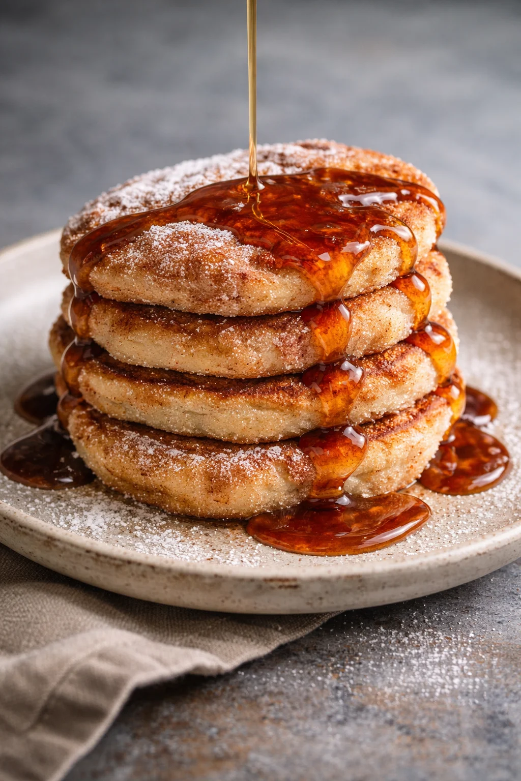 Delicious churro-inspired pancakes topped with cinnamon sugar and chocolate sauce