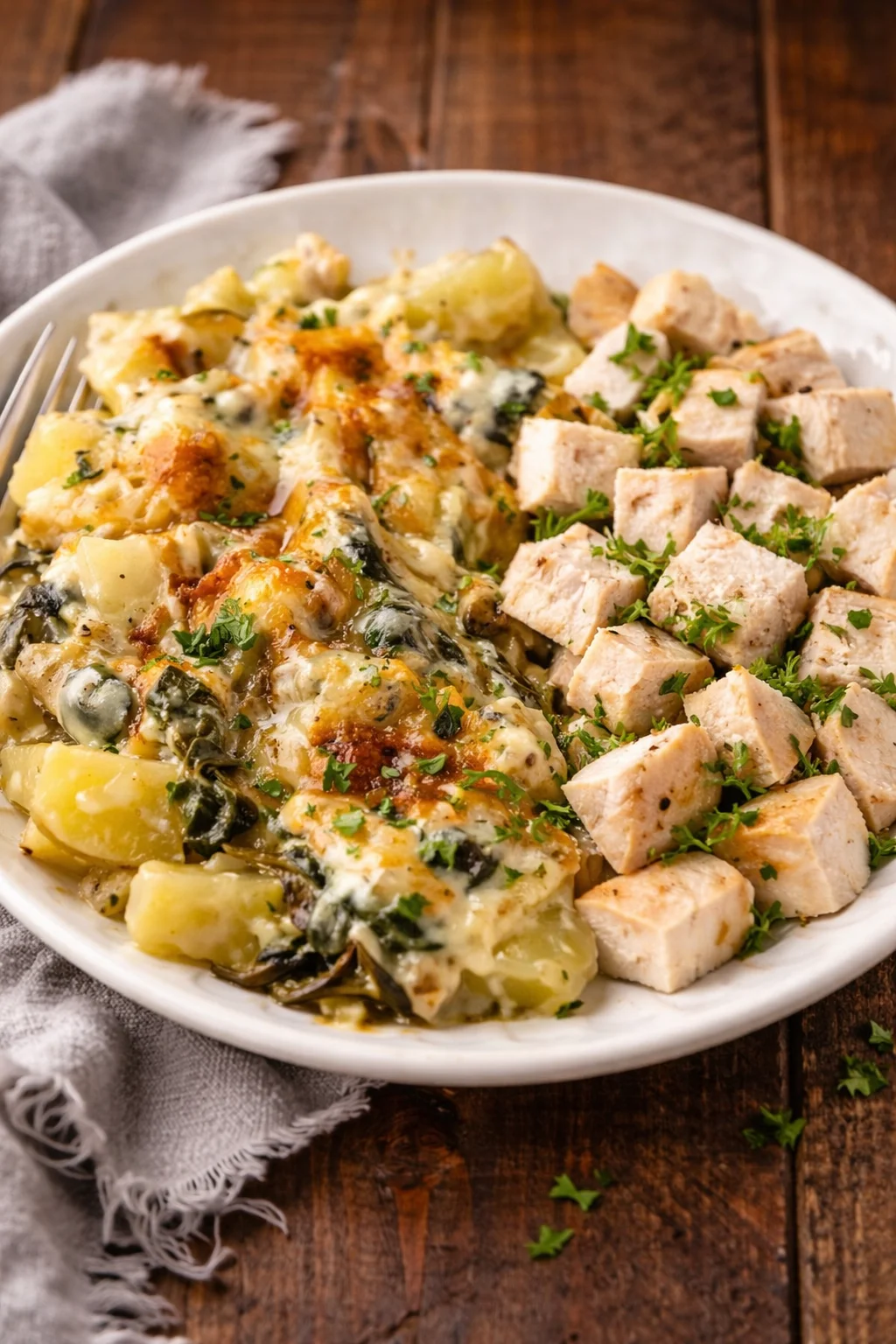 Creamy spinach artichoke au gratin potatoes in a serving dish