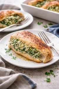 Spinach stuffed chicken breasts with creamy filling on a plate