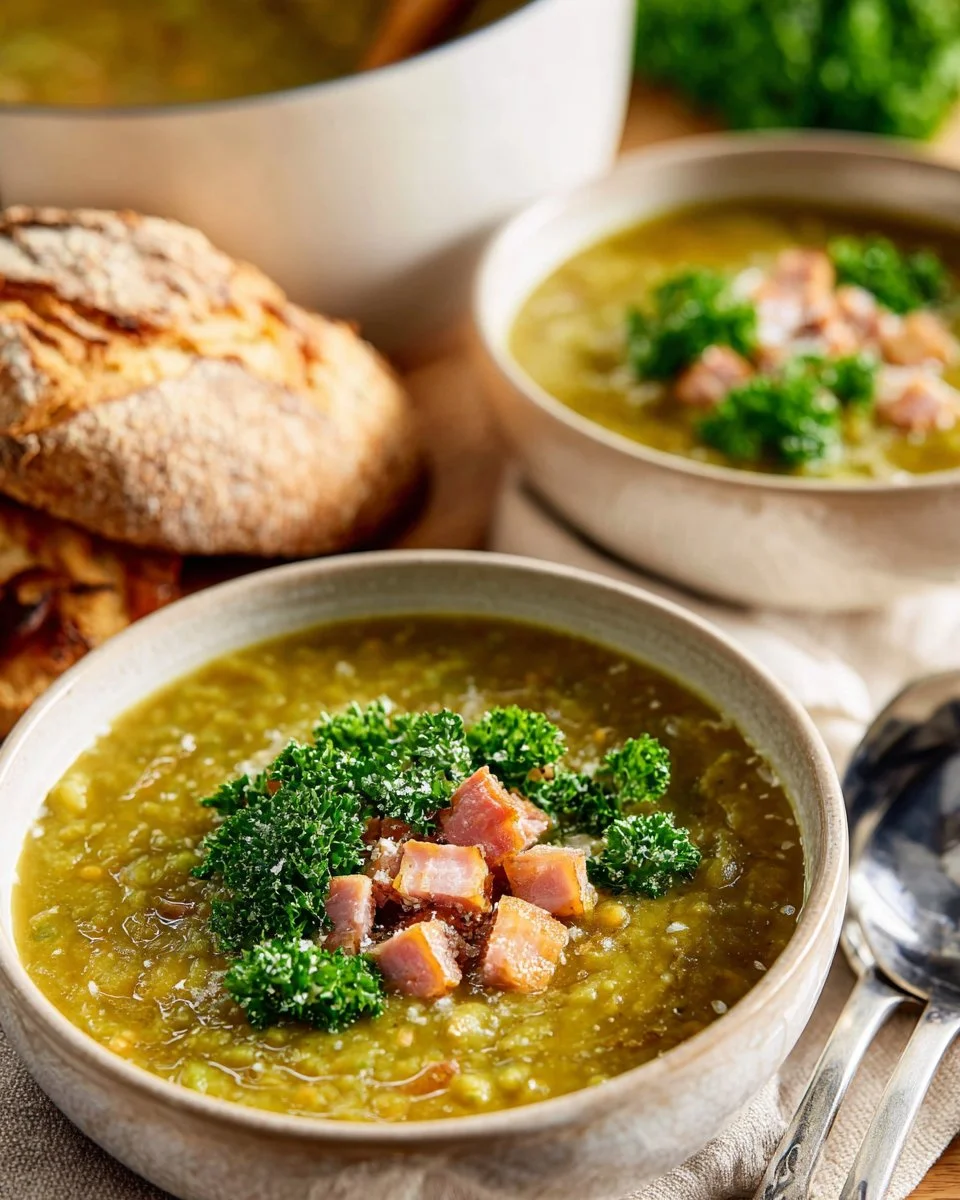 Bowl of split pea and ham soup garnished with herbs