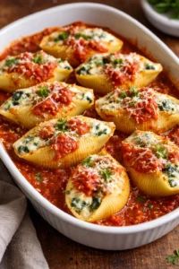 Stuffed pasta shells filled with ricotta and spinach in a baking dish