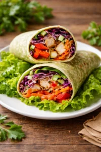 Delicious Thai Peanut Chicken Wraps with fresh ingredients and peanut sauce