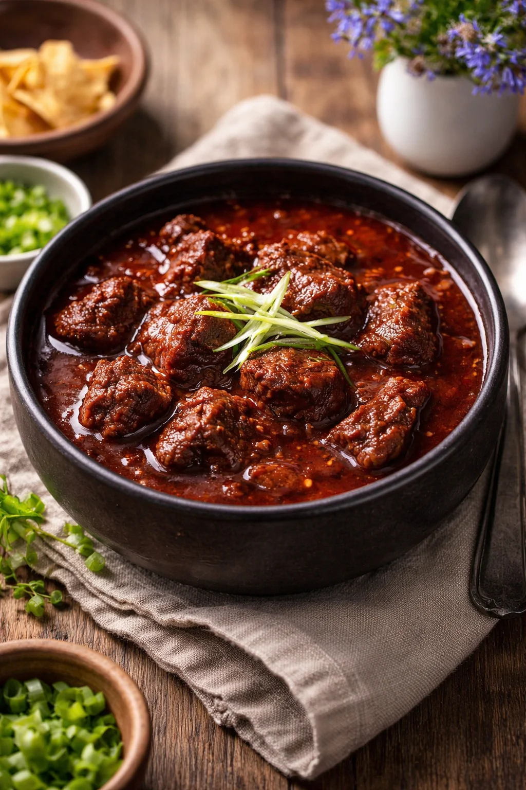 Bowl of Ultimate Texas Red Chili with toppings on a rustic table
