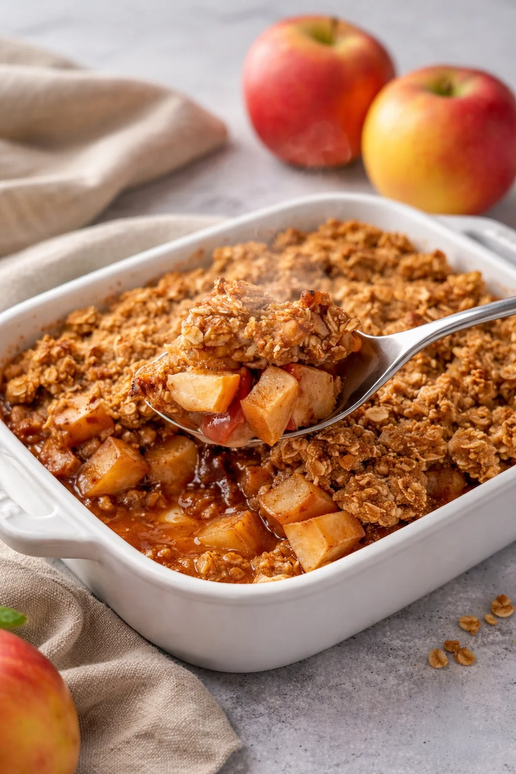 Delicious Vegan Apple Crisp served in a bowl with a scoop of dairy-free ice cream