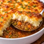 Delicious vegan cottage pie topped with golden mashed potatoes and colorful vegetables