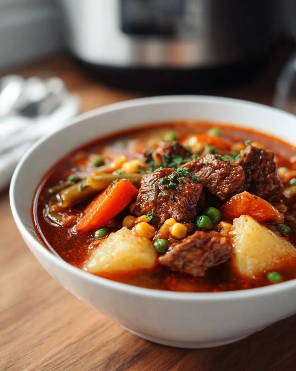 Bowl of hearty Vegetable Beef Soup with fresh vegetables and beef