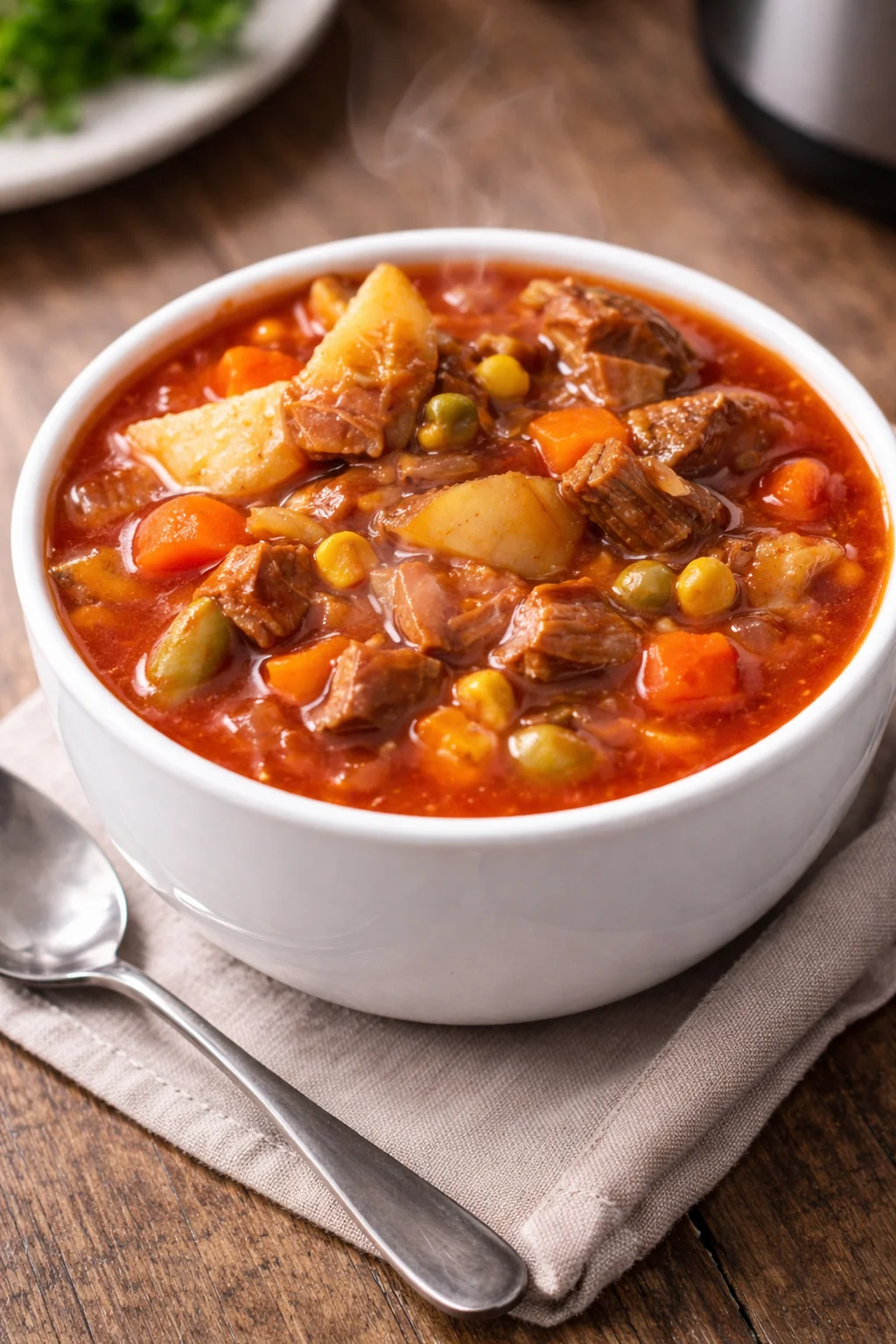 Bowl of Vegetable Beef Soup with fresh vegetables and beef chunks