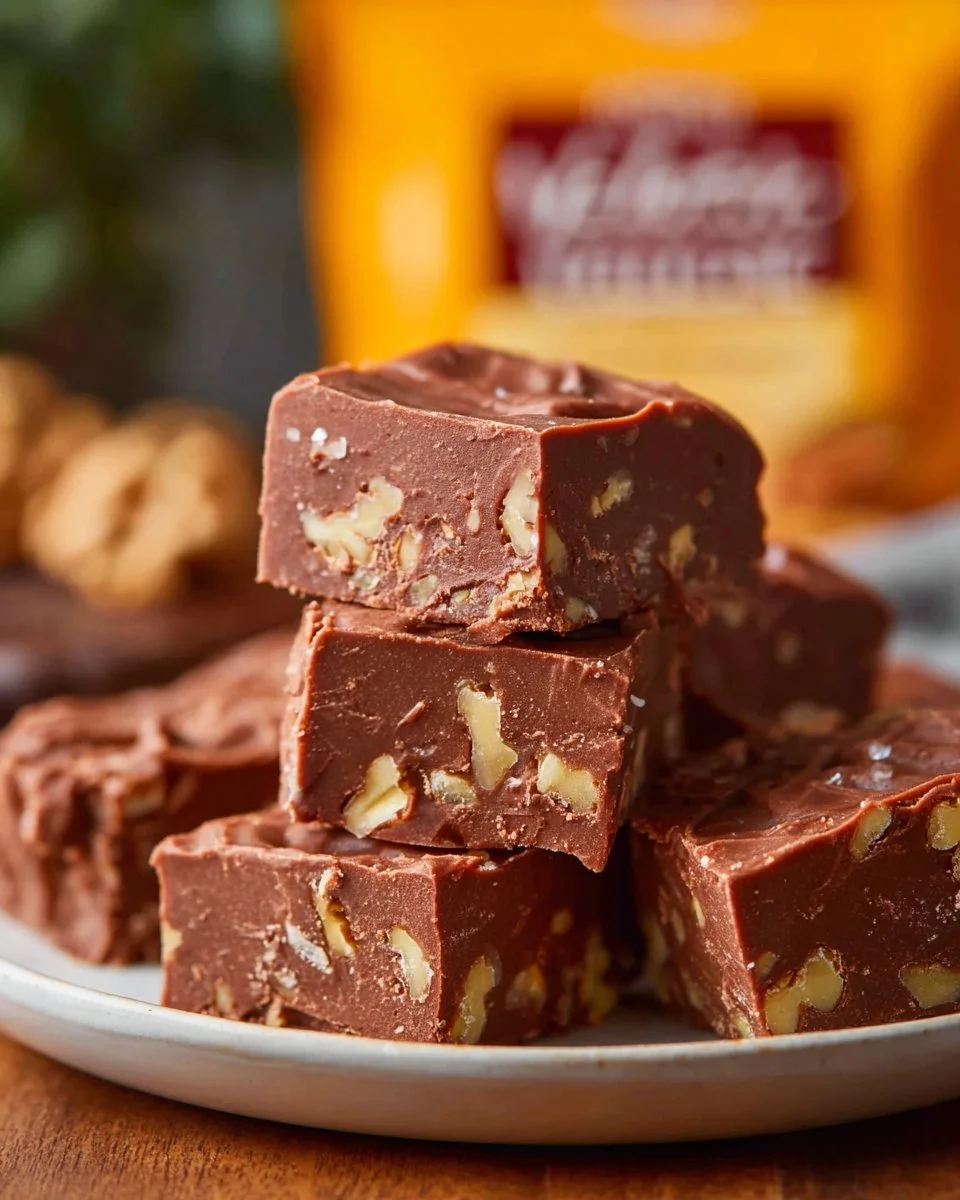 Delicious homemade Velveeta Fudge on a plate with chocolate drizzle