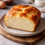Slice of zero carb yogurt bread on a wooden cutting board