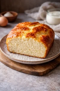 Slice of zero carb yogurt bread on a wooden cutting board
