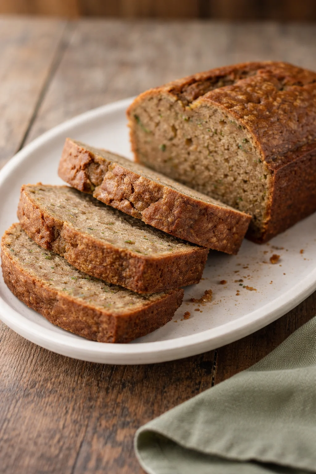 Delicious homemade zucchini bread loaf on a rustic wooden table