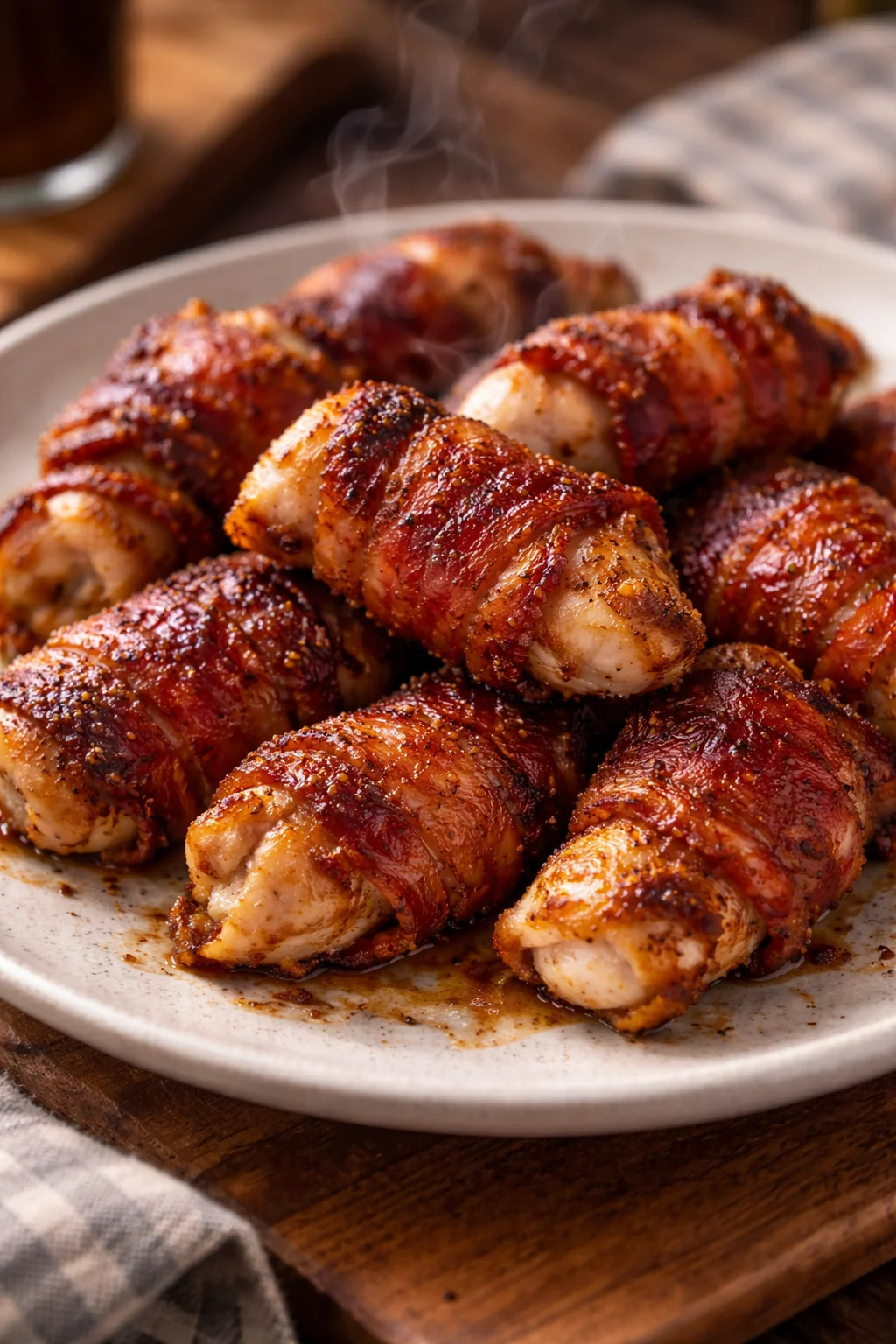 Delicious bacon wrapped chicken bites ready to serve as a tasty appetizer.