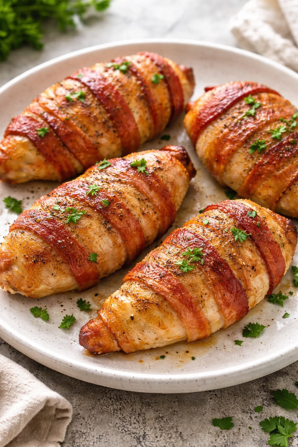 Delicious bacon wrapped chicken breast cooked to perfection