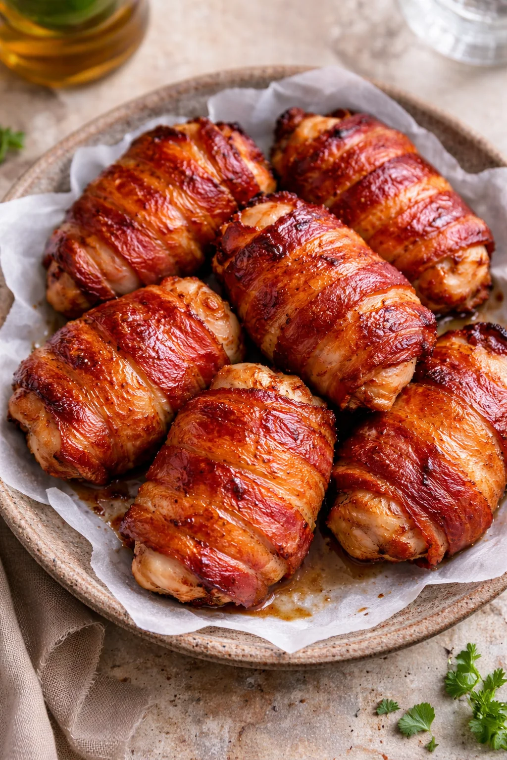 Delicious bacon-wrapped chicken thighs ready to be served.
