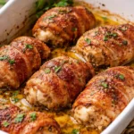 Delicious bacon-wrapped chicken thighs served on a plate.