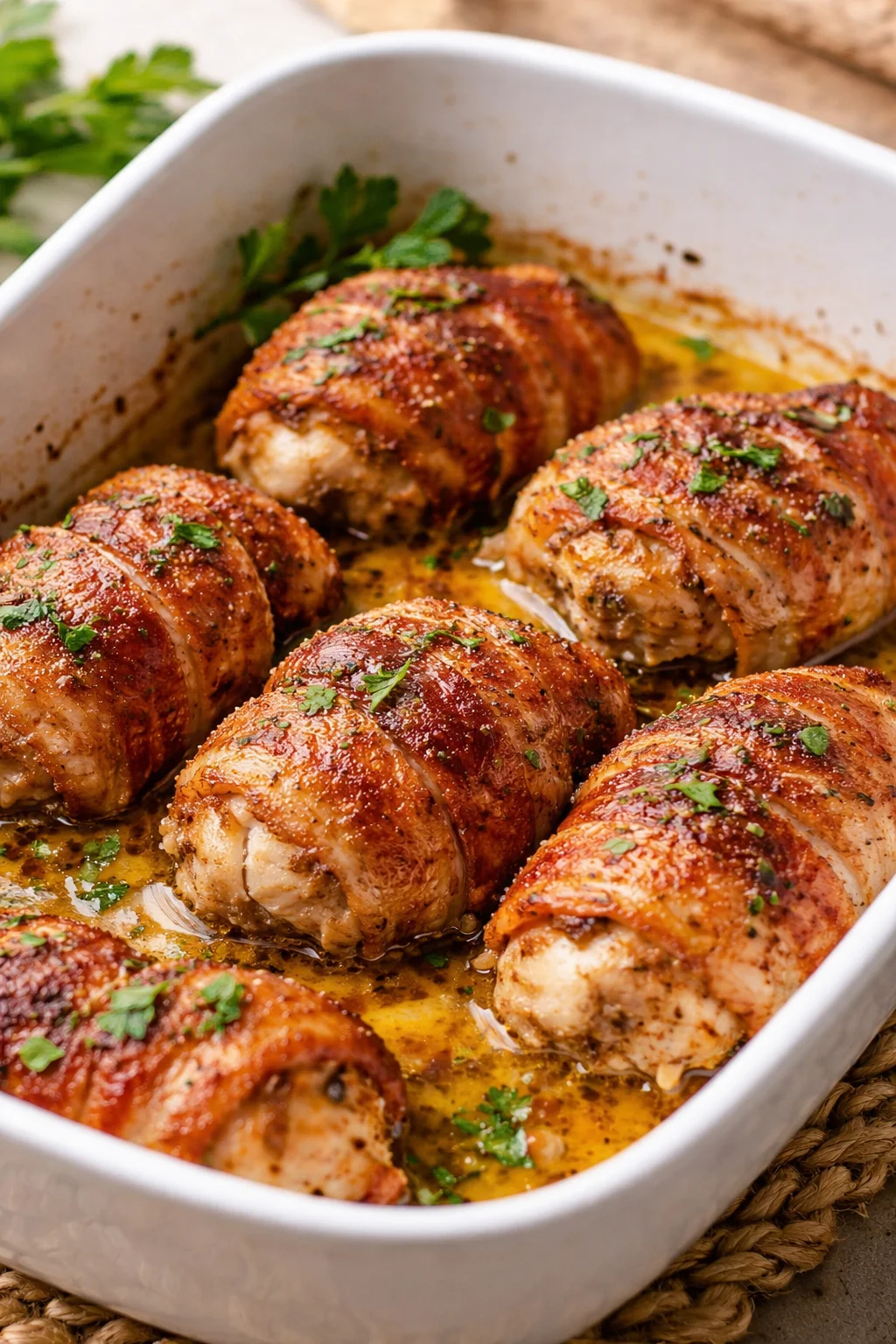 Delicious bacon-wrapped chicken thighs served on a plate.