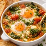 Baked feta eggs with fresh tomatoes and spinach cooked in a rustic dish
