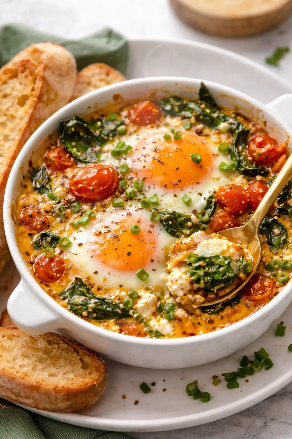 Baked feta eggs with fresh tomatoes and spinach cooked in a rustic dish