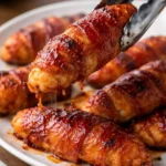 Barbecue bacon wrapped chicken tenders on a platter