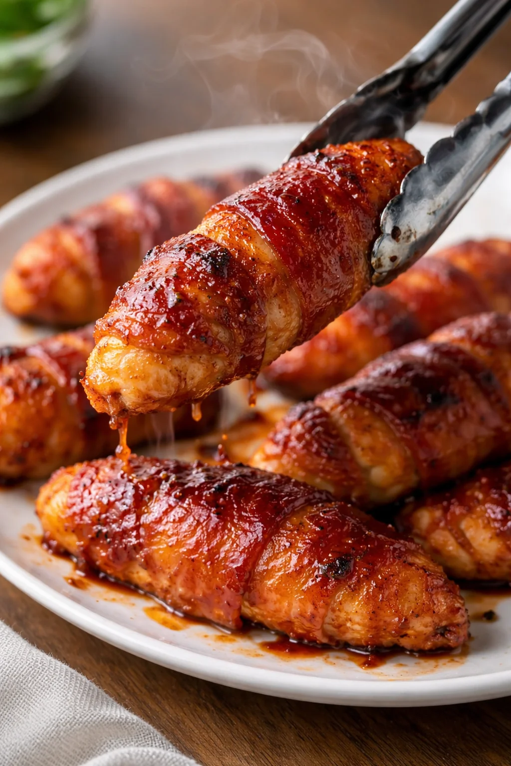 Barbecue bacon wrapped chicken tenders on a platter