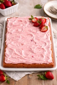 Delicious slice of best strawberry sheet cake decorated with fresh strawberries