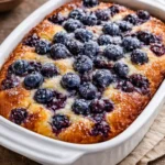 Blueberry buttermilk pancake casserole served on a plate with syrup