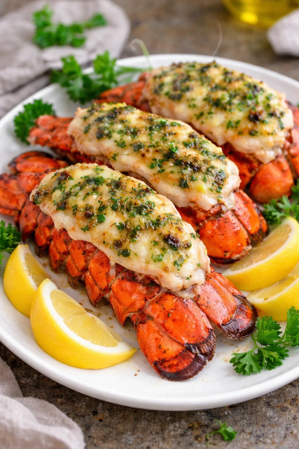 Deliciously broiled lobster tails served with lemon and herbs.