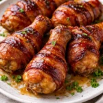Brown sugar bacon wrapped chicken drumsticks topped with a glaze
