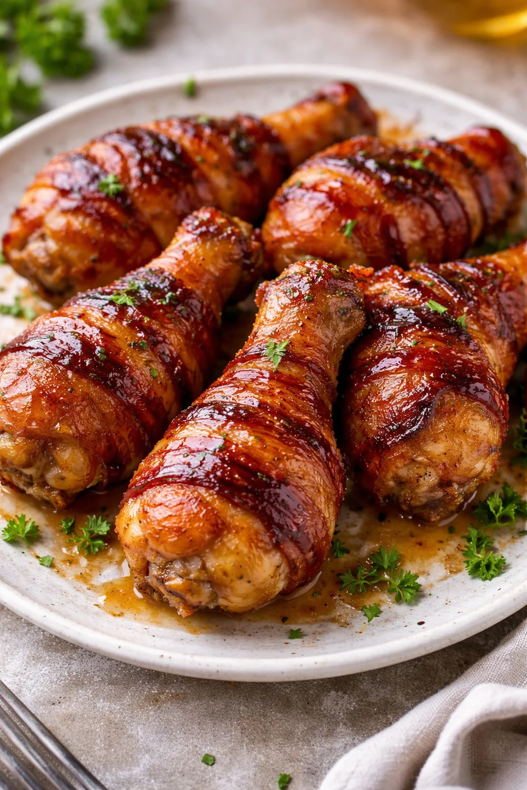 Brown sugar bacon wrapped chicken drumsticks topped with a glaze