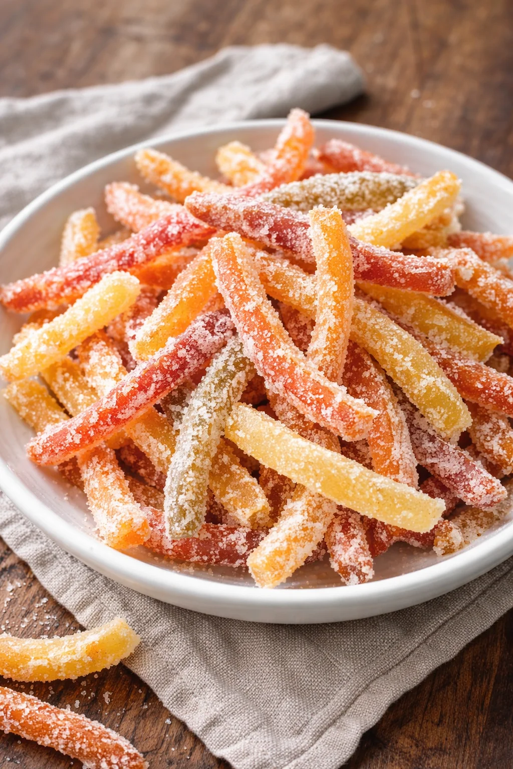 Homemade candied orange peel on a decorative plate.