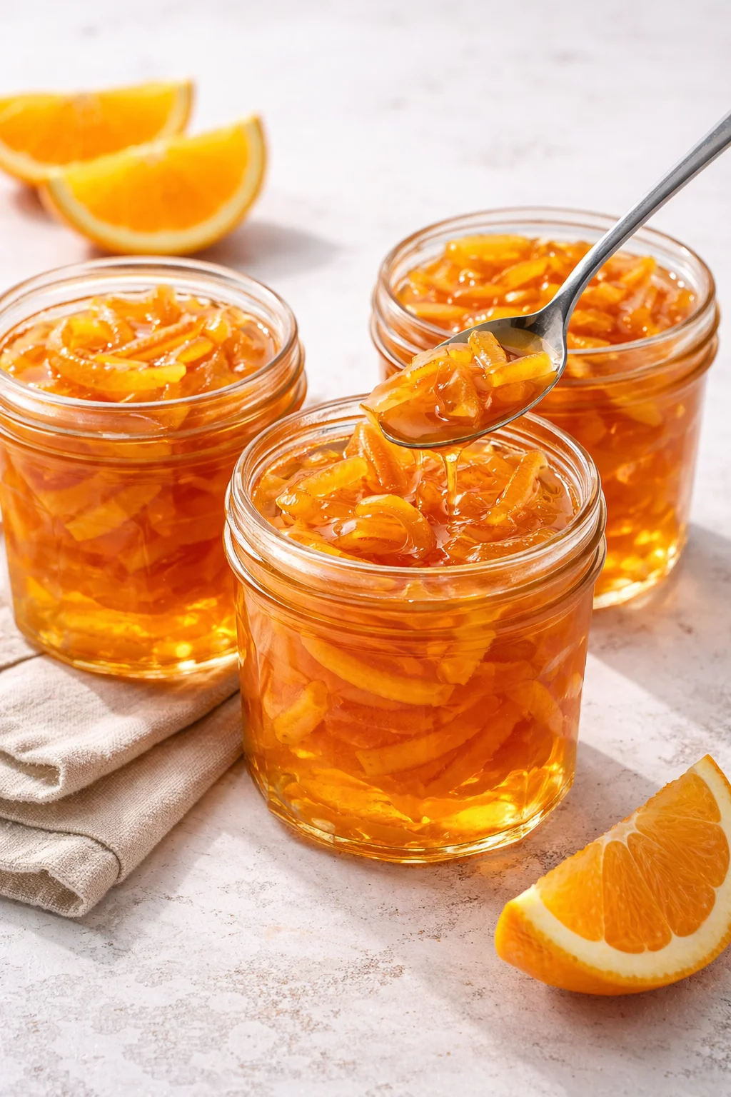 Homemade candied orange peel in syrup, perfect for desserts and baking.