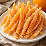 Homemade candied orange peels on a wooden surface