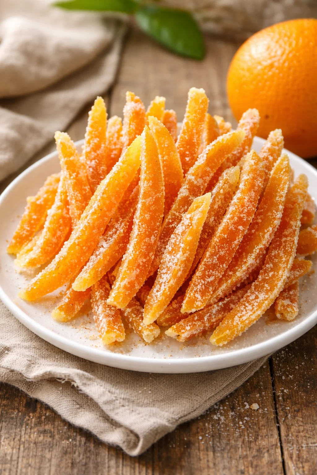 Homemade candied orange peels on a wooden surface