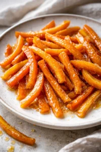 Homemade candied orange peels with honey on a wooden table