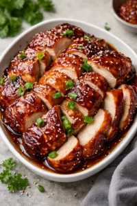 Succulent Char Siu Chicken marinated in savory sauce and grilled to perfection.