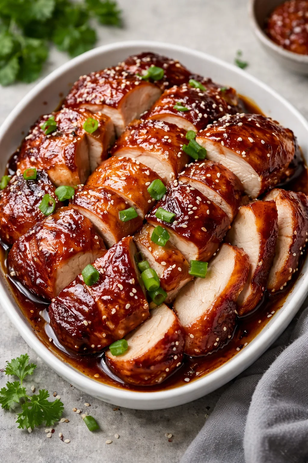 Succulent Char Siu Chicken marinated in savory sauce and grilled to perfection.