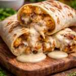 Cheesy garlic chicken wraps served on a plate with fresh ingredients