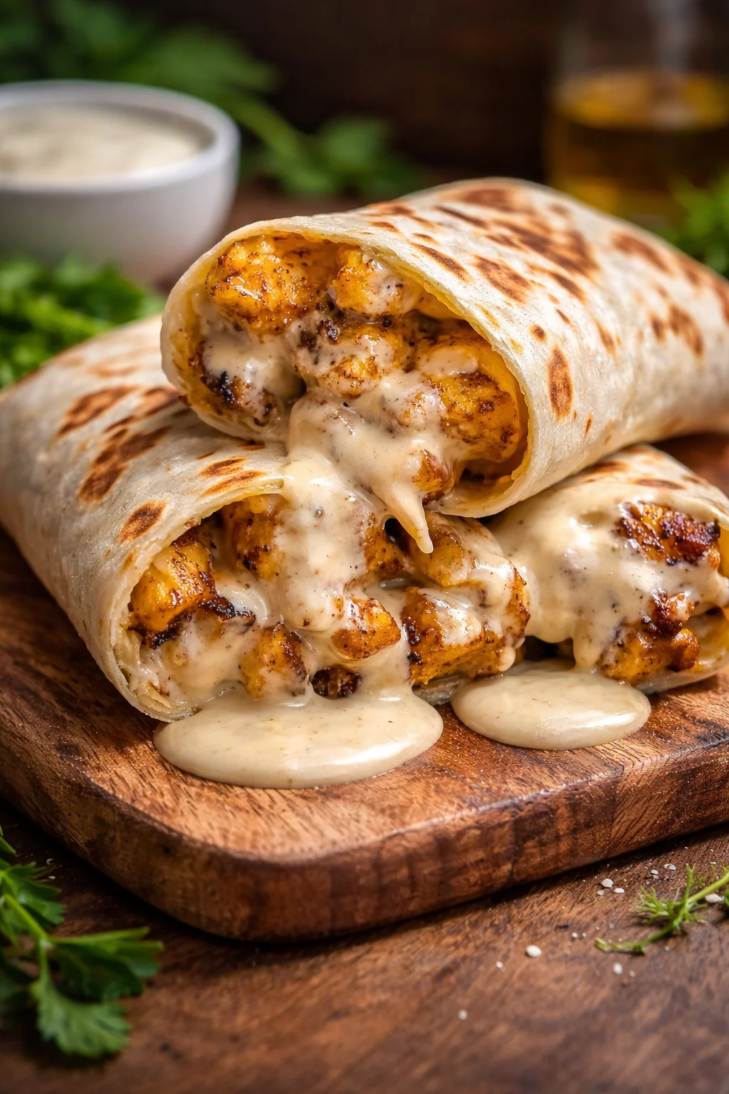 Cheesy garlic chicken wraps served on a plate with fresh ingredients