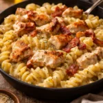 Delicious Chicken Bacon Ranch Pasta garnished with herbs.
