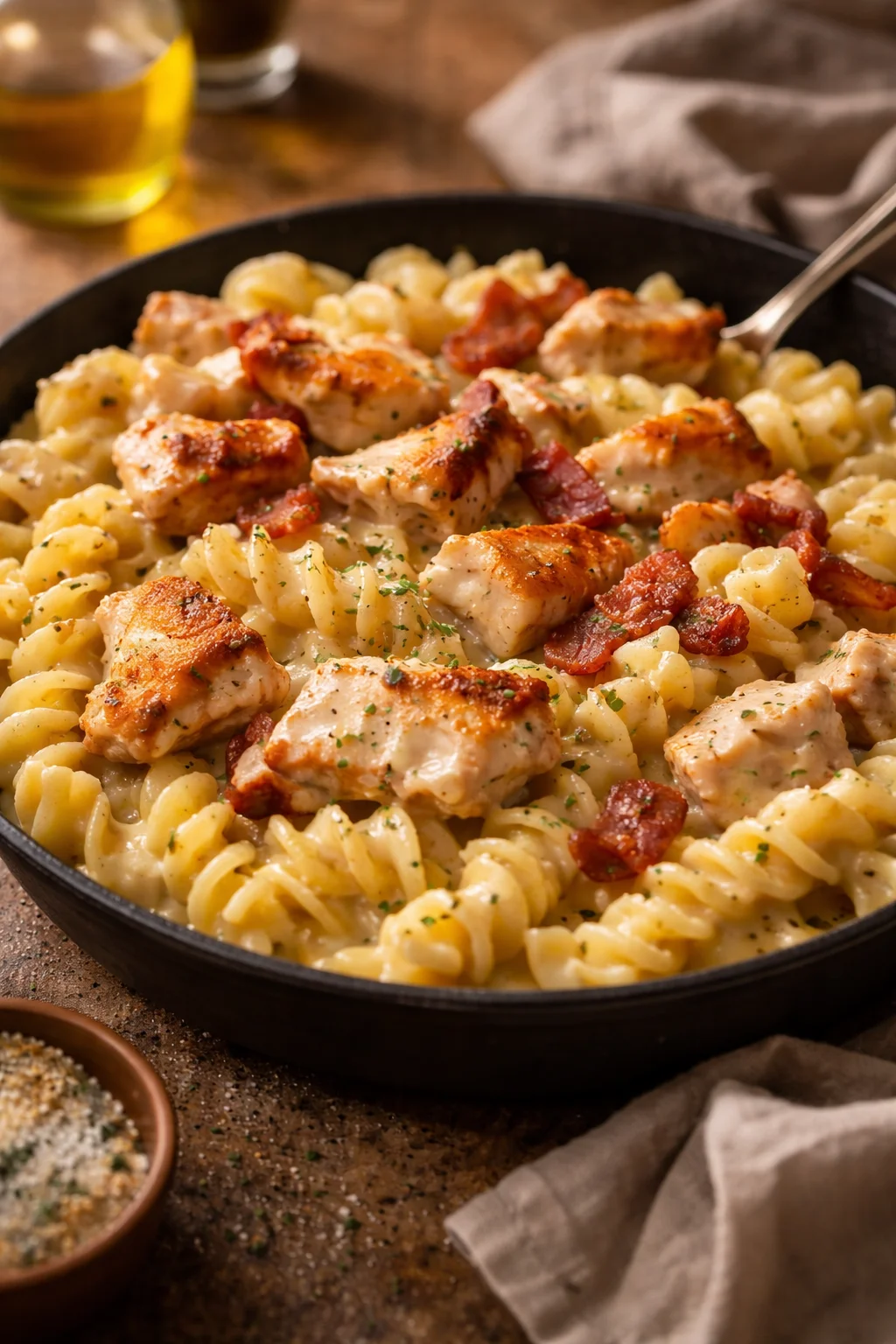 Delicious Chicken Bacon Ranch Pasta garnished with herbs.