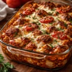 Delicious Chicken Parmesan Casserole served in a dish with layers of cheese and sauce