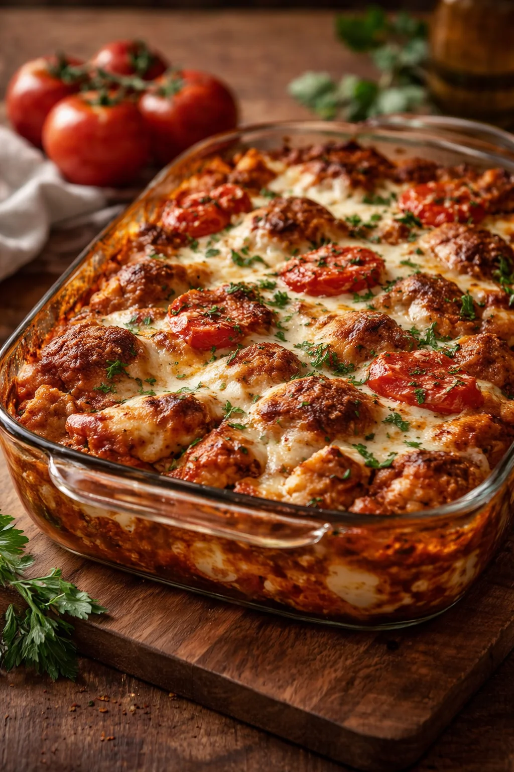 Delicious Chicken Parmesan Casserole served in a dish with layers of cheese and sauce